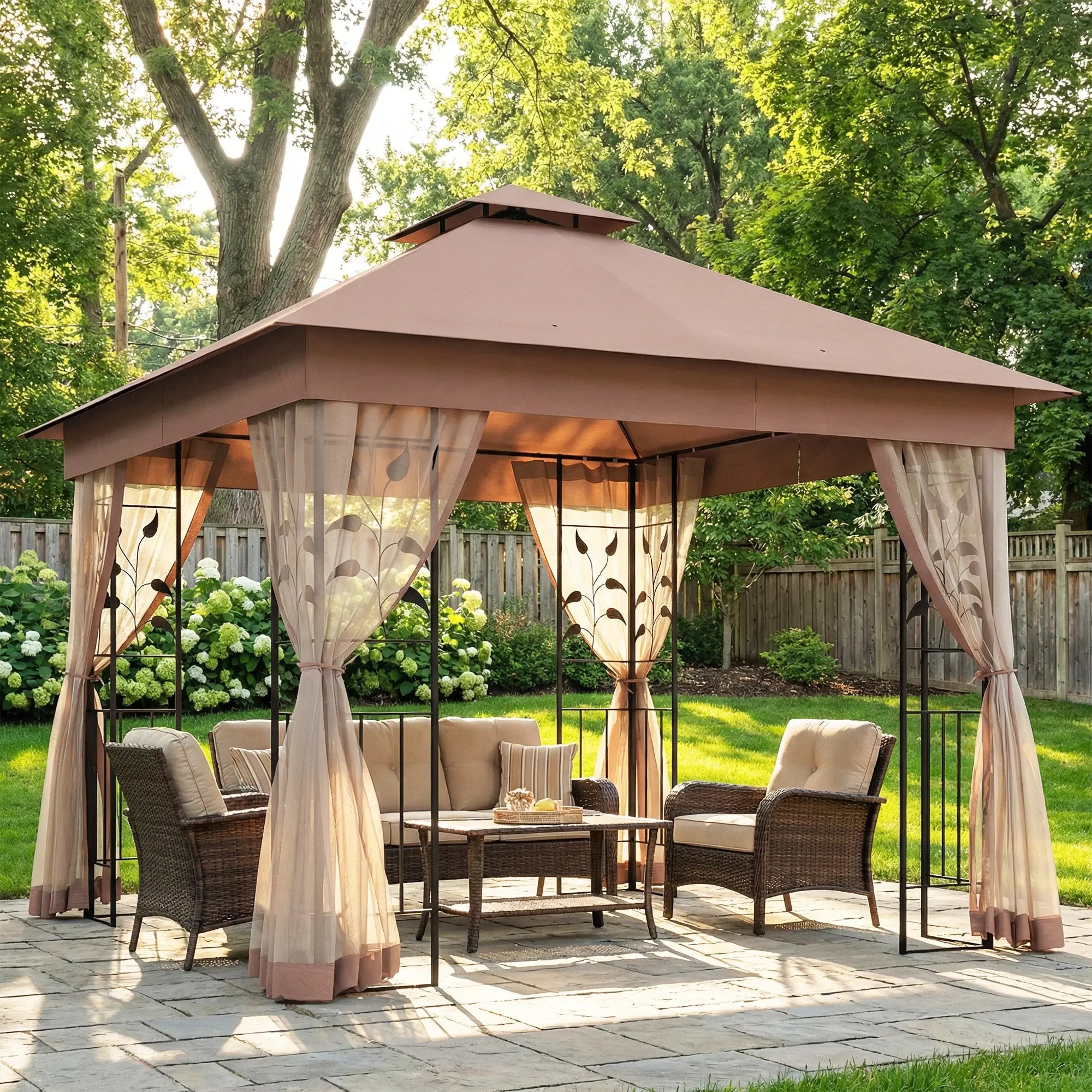 10'x10' Dark Brown Steel Patio Gazebo, Soft-Top Sun Shelter, Dark Brown Gazebos at Gallery Canada