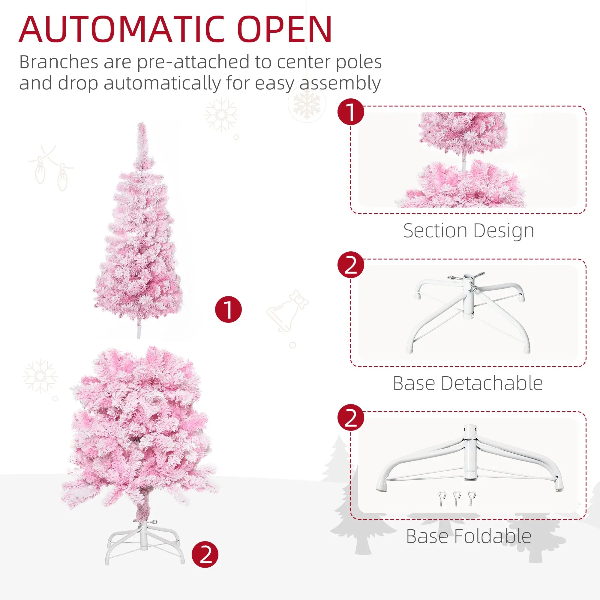 5 FT Snow Flocked Artificial Christmas Tree, Pencil Xmas Tree, Steel Base, Pink Artificial Christmas Trees at Gallery Canada