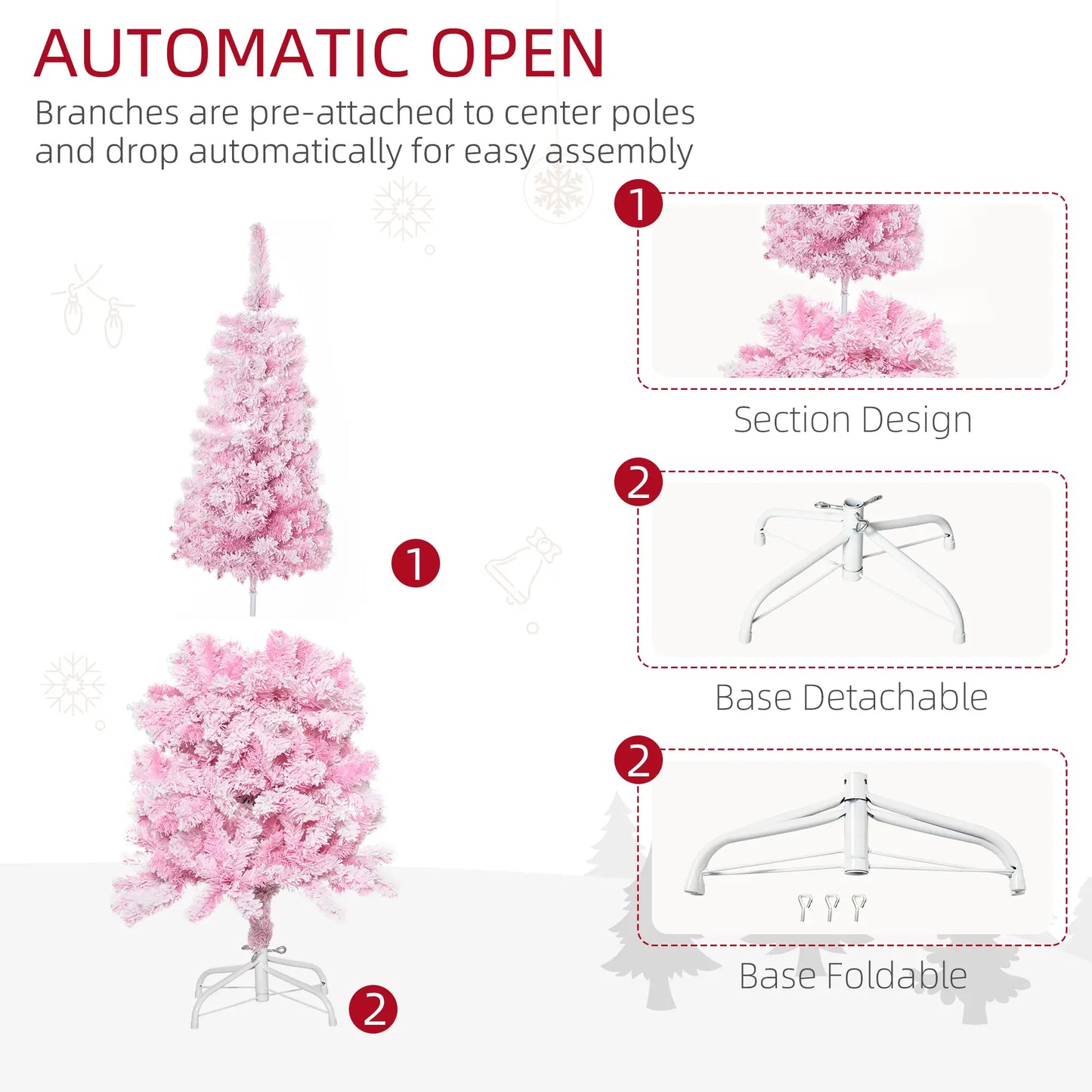 5 FT Snow Flocked Artificial Christmas Tree, Pencil Xmas Tree, Steel Base, Pink Artificial Christmas Trees at Gallery Canada
