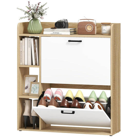 Shoe Cabinet with 2 Flip Drawers, 3 Side Compartments, Adjustable Shelves, 8-12 Pairs for Entryway Hallway, Natural Shoe Storage Cabinets & Racks Natural and White at Gallery Canada