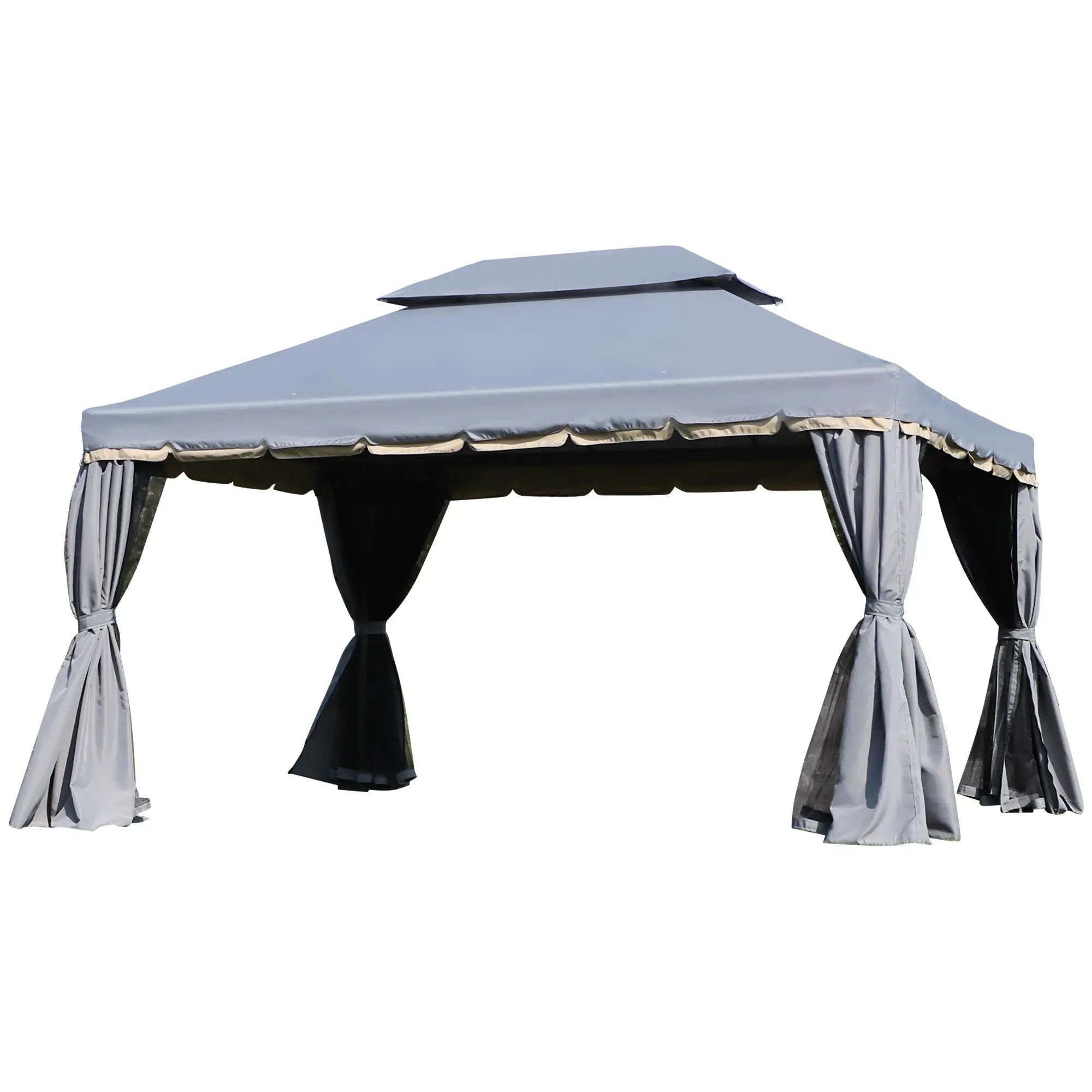 13' x 10' Patio Gazebo, 2-Tier Polyester Roof, Vented Mesh Sidewall, Aluminum Frame, Grey Gazebos at Gallery Canada