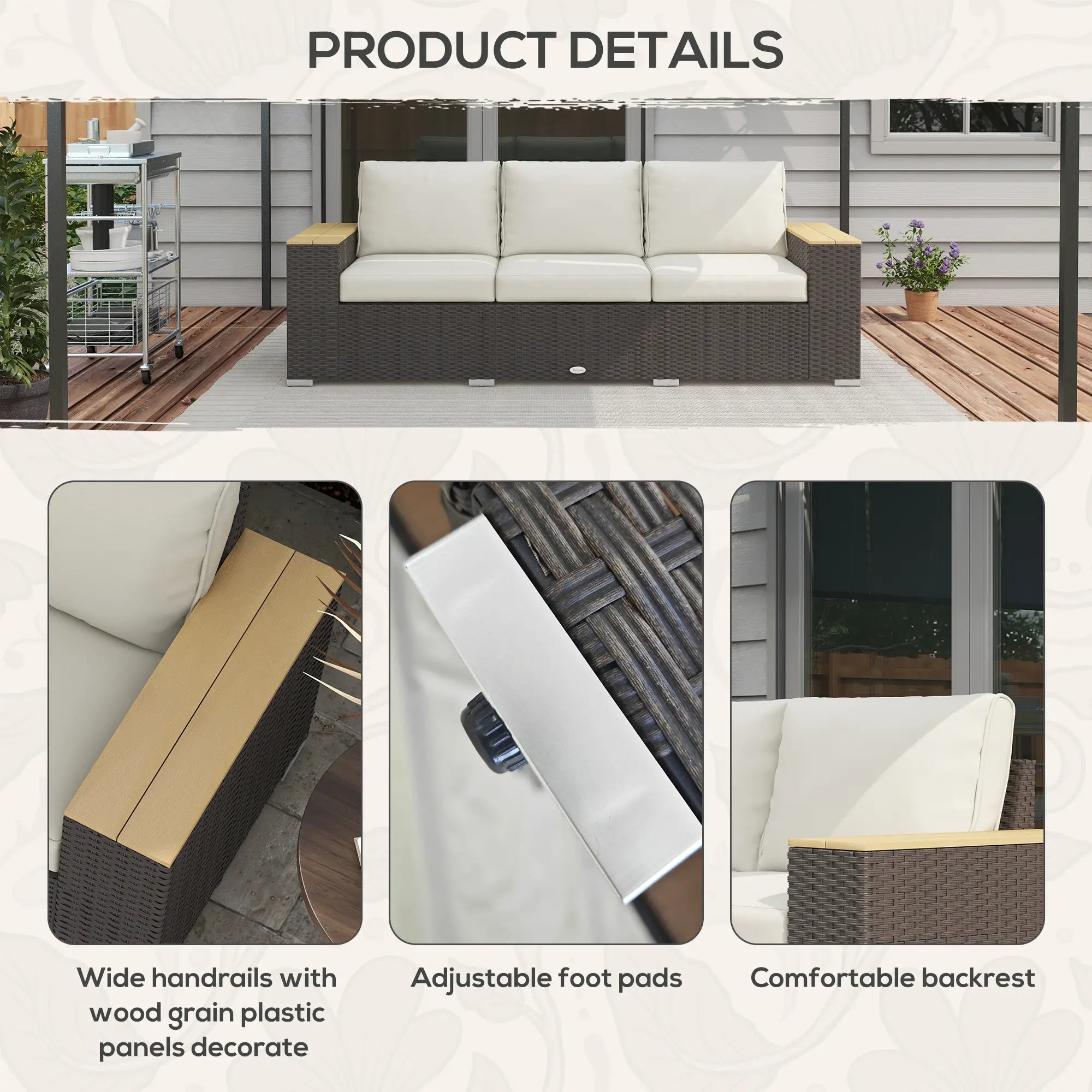 3-Seat Outdoor Couch with Cushions, PE Rattan, Wood Grain Armrests, Cream White Patio Furniture Sets at Gallery Canada