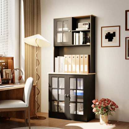 Buffet de cuisine avec armoire, 3 armoires, 2 étagères, noir