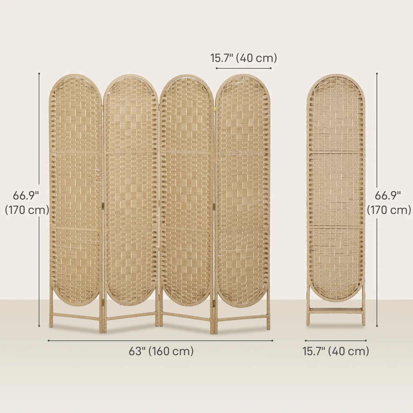 Bohemian Privacy Screen, 4 Panel Folding Room Divider, Arched Top, Natural Wood Room Dividers at Gallery Canada