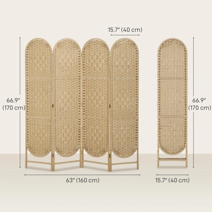 Bohemian Privacy Screen, 4 Panel Folding Room Divider, Arched Top, Natural Wood Room Dividers at Gallery Canada