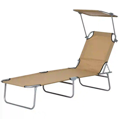 Adjustable Folding Chaise Lounge, Outdoor Chair With Sun Shade, Brown