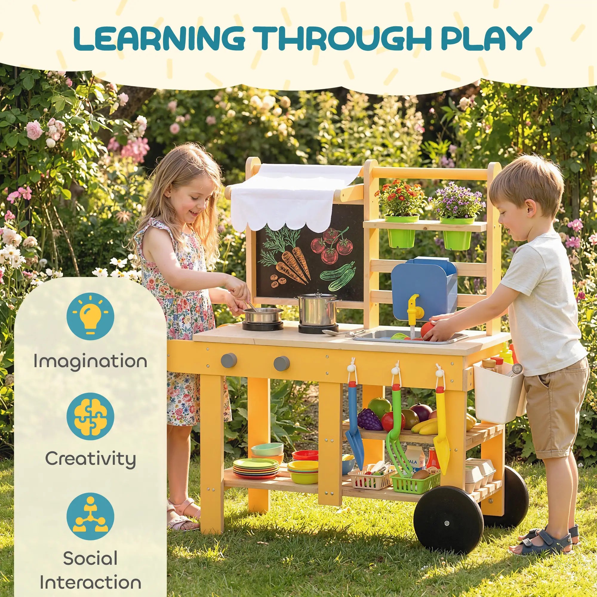 Kids Mud Kitchen With Wheels, Wooden Play Kitchen With Sink, Storage, Planting Pots, Blackboard, Yellow Play Kitchen at Gallery Canada