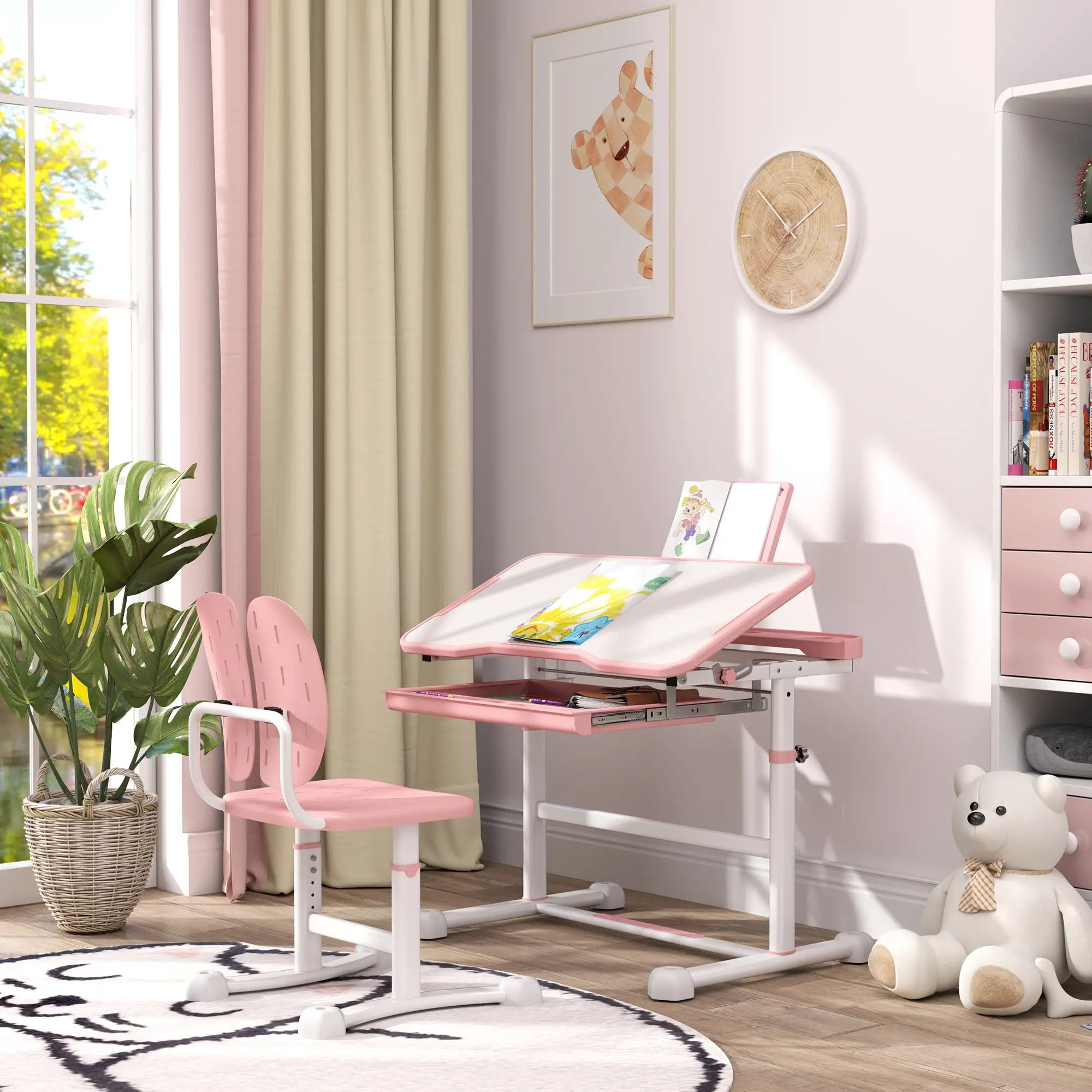 Adjustable Kids Desk and Chair Set, Tilt Desktop, Large Writing Board, Pink Kids Desk Sets at Gallery Canada