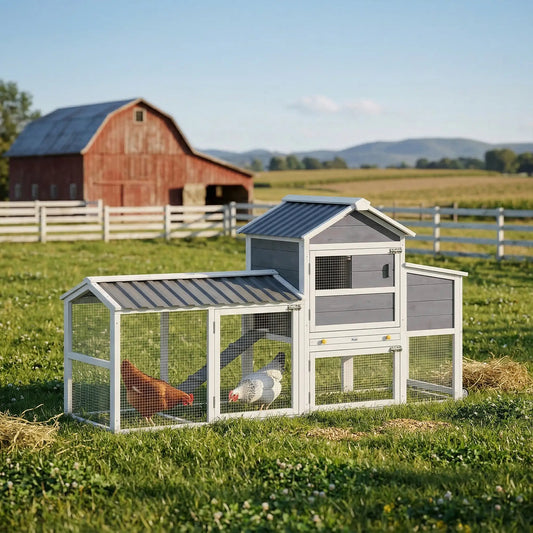 Mobile Chicken Coop With Wheels, 80" L, Wooden Hen House With Run Chicken Coops Grey, White, Black at Gallery Canada