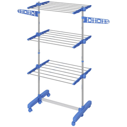 3-Tier Clothes Drying Rack, Stainless Steel Laundry Rack with 2 Side Wings and 6 Castors, Collapsible Adjustable Clothes Airer for Indoor Outdoor, Blue Bath Accessories Blue and Silver at Gallery Canada