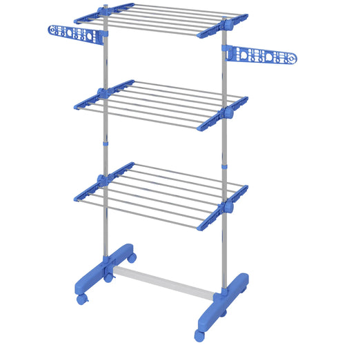 3-Tier Clothes Drying Rack, Stainless Steel Laundry Rack with 2 Side Wings and 6 Castors, Collapsible Adjustable Clothes Airer for Indoor Outdoor, Blue