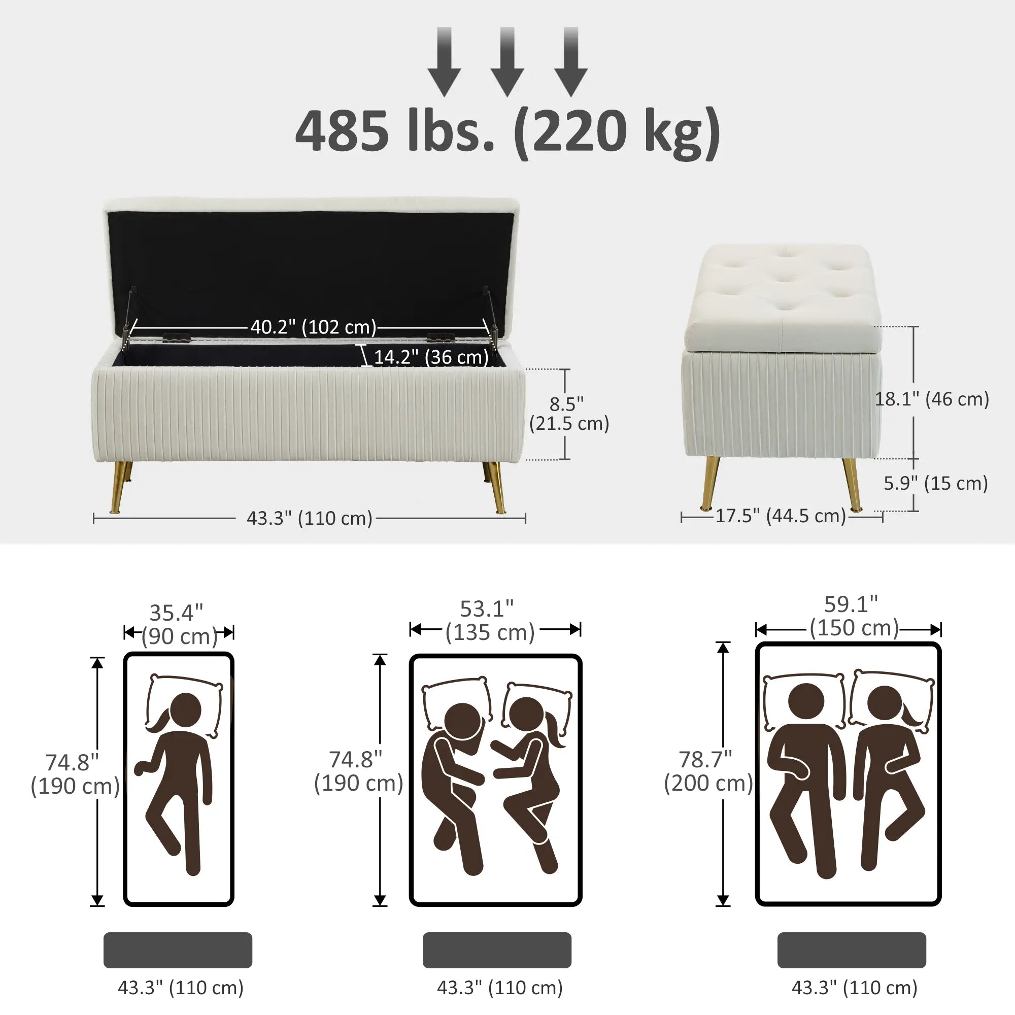 43 Inch Storage Ottoman Bench, Steel Legs, Padded Seat, Beige Storage Ottomans & Benches at Gallery Canada