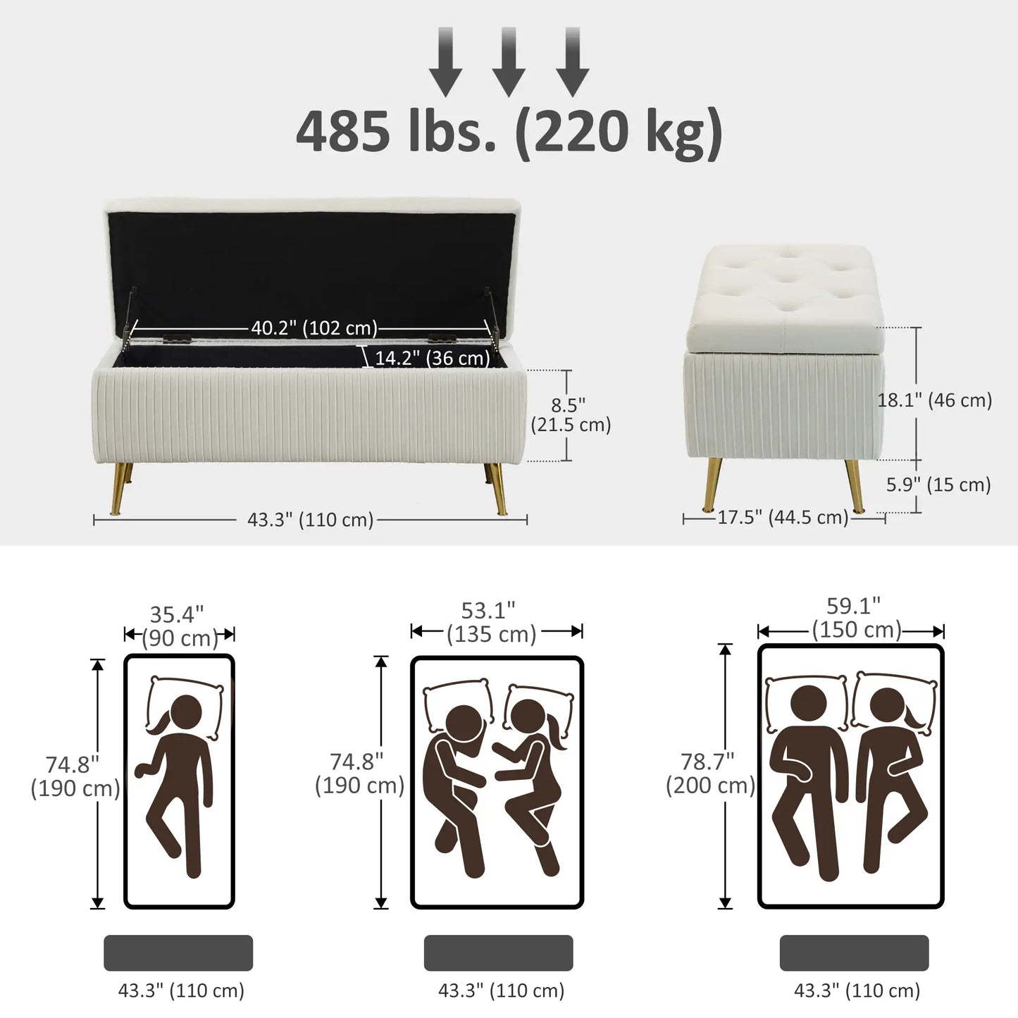 43 Inch Storage Ottoman Bench, Steel Legs, Padded Seat, Beige Storage Ottomans & Benches at Gallery Canada