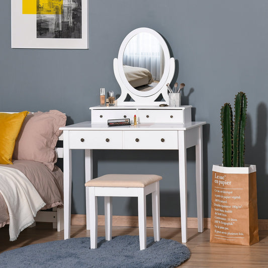 Vanity Dressing Table with 360° Rotating Mirror and Cushioned Stool, Makeup Desk Dresser with 4 Drawers, White - Gallery Canada