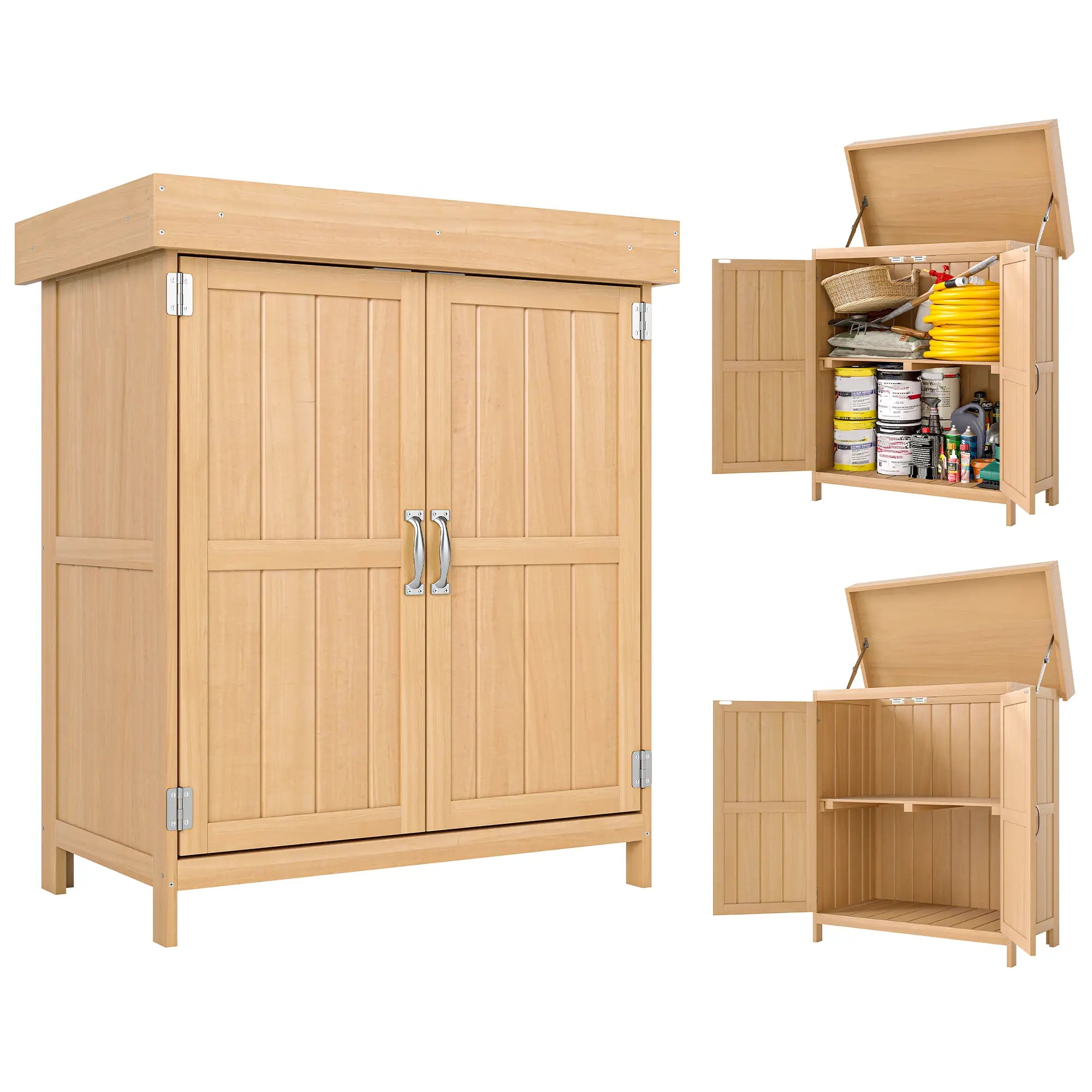 Wooden Garden Tool Shed, Hinged Roof, 2-Tier Shelves, Double Doors, 74x43x88cm, Natural Wood Sheds at Gallery Canada