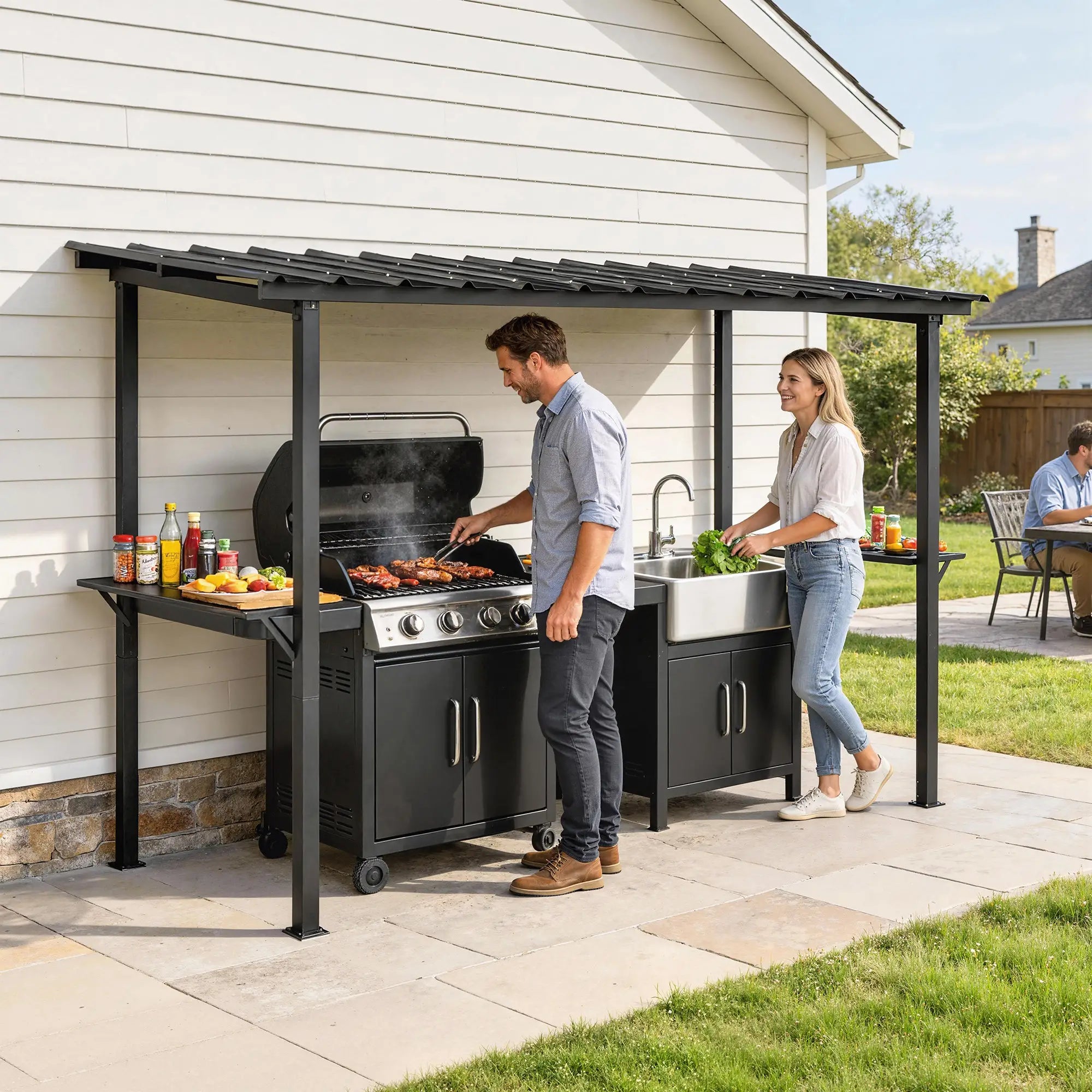 12' x 6' Hardtop Grill Gazebo, Metal Roof, 2 Side Shelves, Black BBQ Grill Gazebos at Gallery Canada