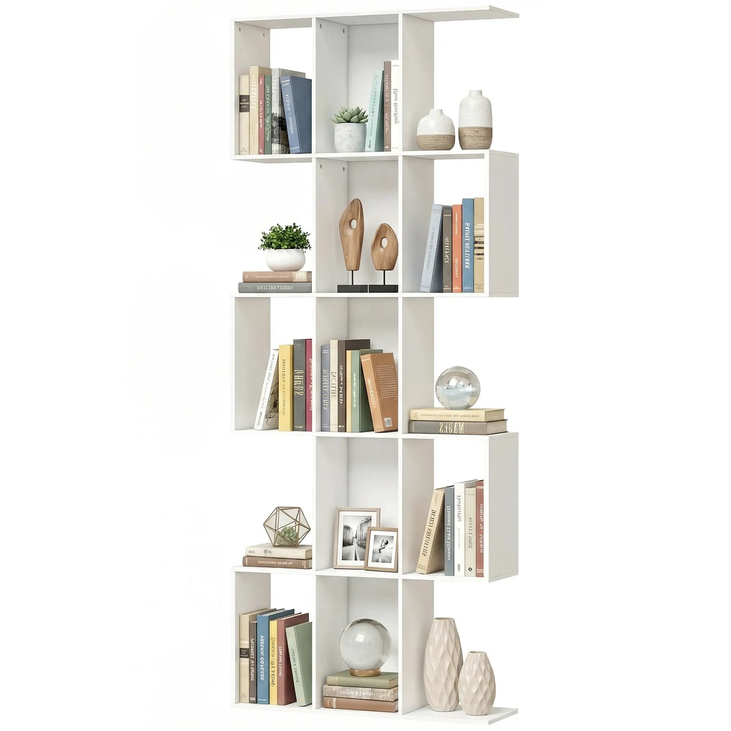 5-Tier Bookshelf, S Shaped Geometric Bookcase, White Wood Grain, White Display Bookshelves White Wood Grain at Gallery Canada