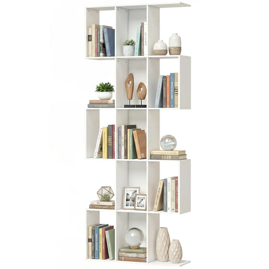 5-Tier Bookshelf, S Shaped Geometric Bookcase, White Wood Grain, White Display Bookshelves White Wood Grain at Gallery Canada