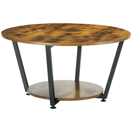 2-Tier Round Coffee Table, Storage Shelf, Steel Frame, Rustic Brown, Brown