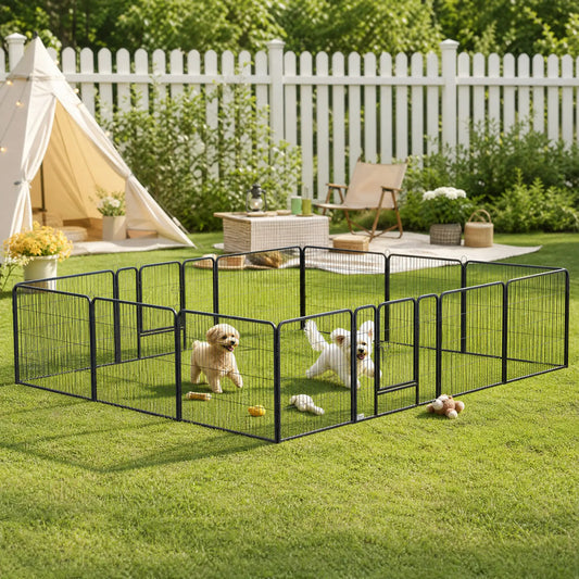 Heavy Duty Dog Playpen, 16 Panels, 2 Doors, 23.5" Height Houses, Kennels & Pens Grey at Gallery Canada