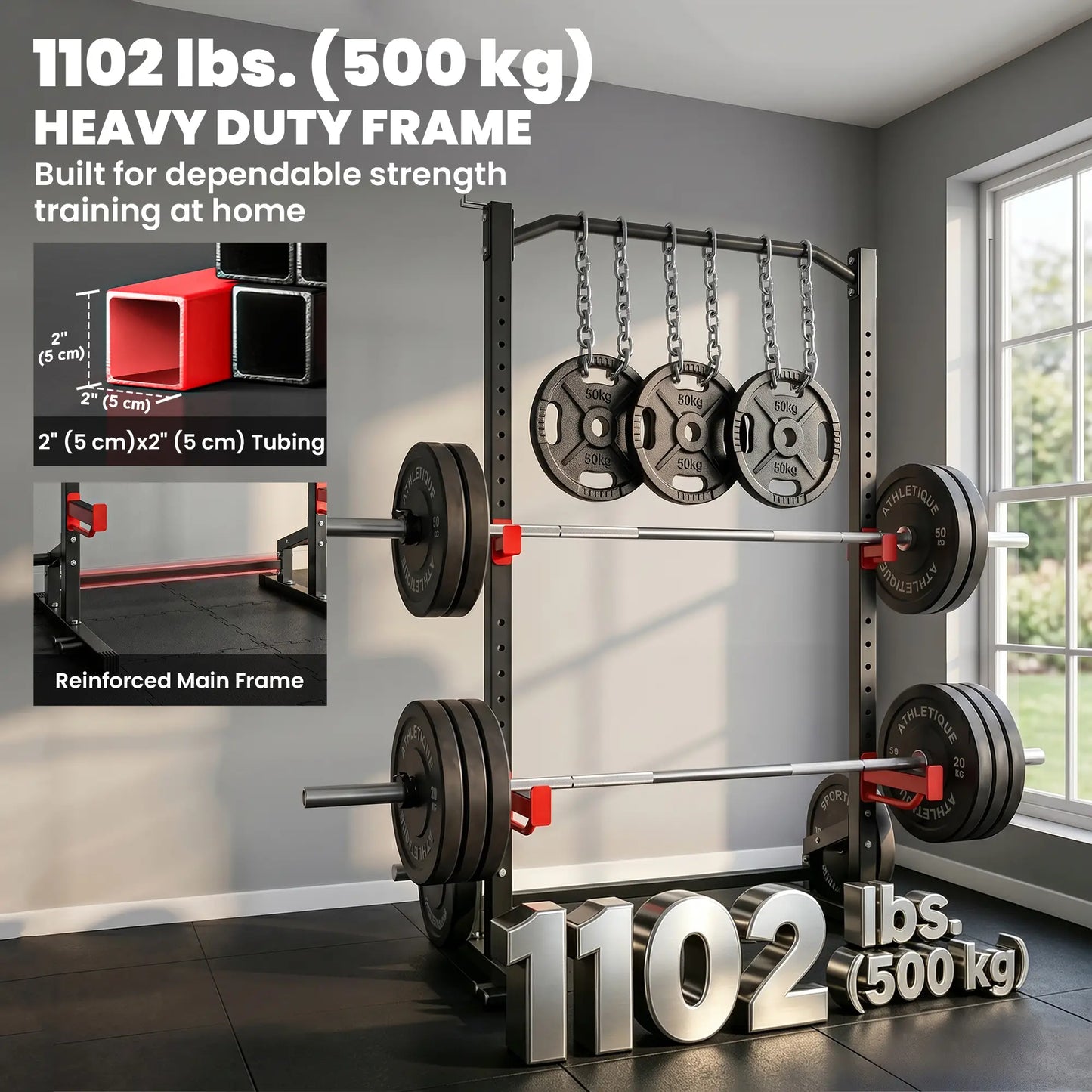 Power Cage Squat Rack, 1100LB, Pull-Up Bar, J-Hooks, Plate Storage