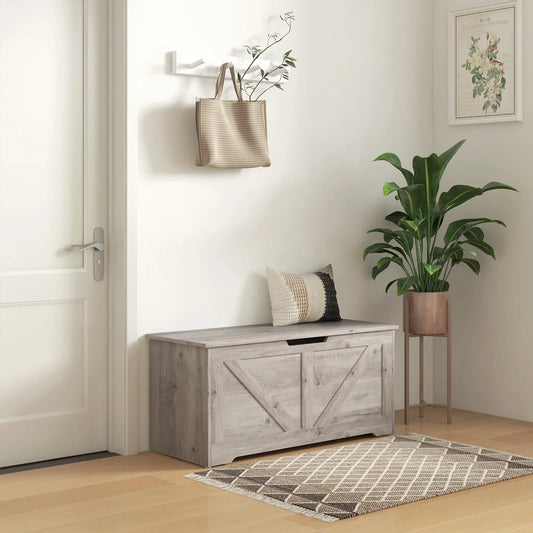 39.4 Inches Storage Chest, Wooden Box with Safety Hinges, Wood Grain, Grey Storage Cabinets Grey Wood Grain at Gallery Canada