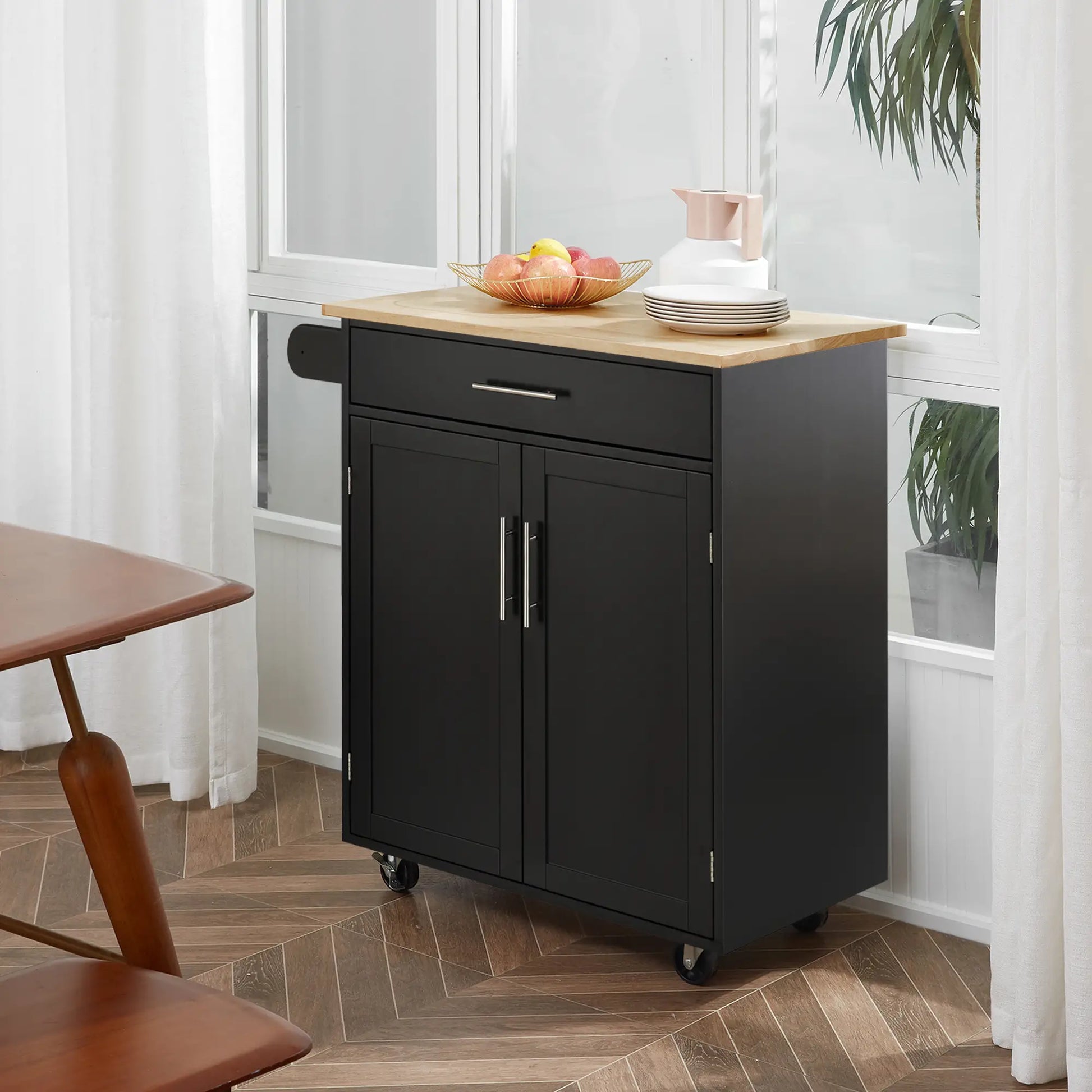 Rolling Kitchen Island Cart, Wood Top, Storage Drawer, Towel Bar, Shelves, Black Kitchen Islands & Kitchen Carts at Gallery Canada