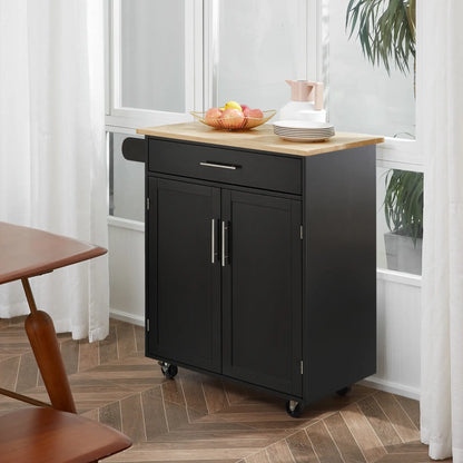 Rolling Kitchen Island Cart, Wood Top, Storage Drawer, Towel Bar, Shelves, Black Kitchen Islands & Kitchen Carts at Gallery Canada