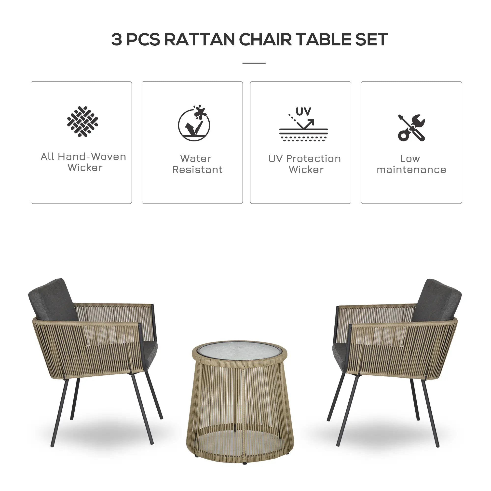 3 Piece Wicker Patio Set, Rattan Bistro with Coffee Table, Cushions, Grey Bistro Sets at Gallery Canada
