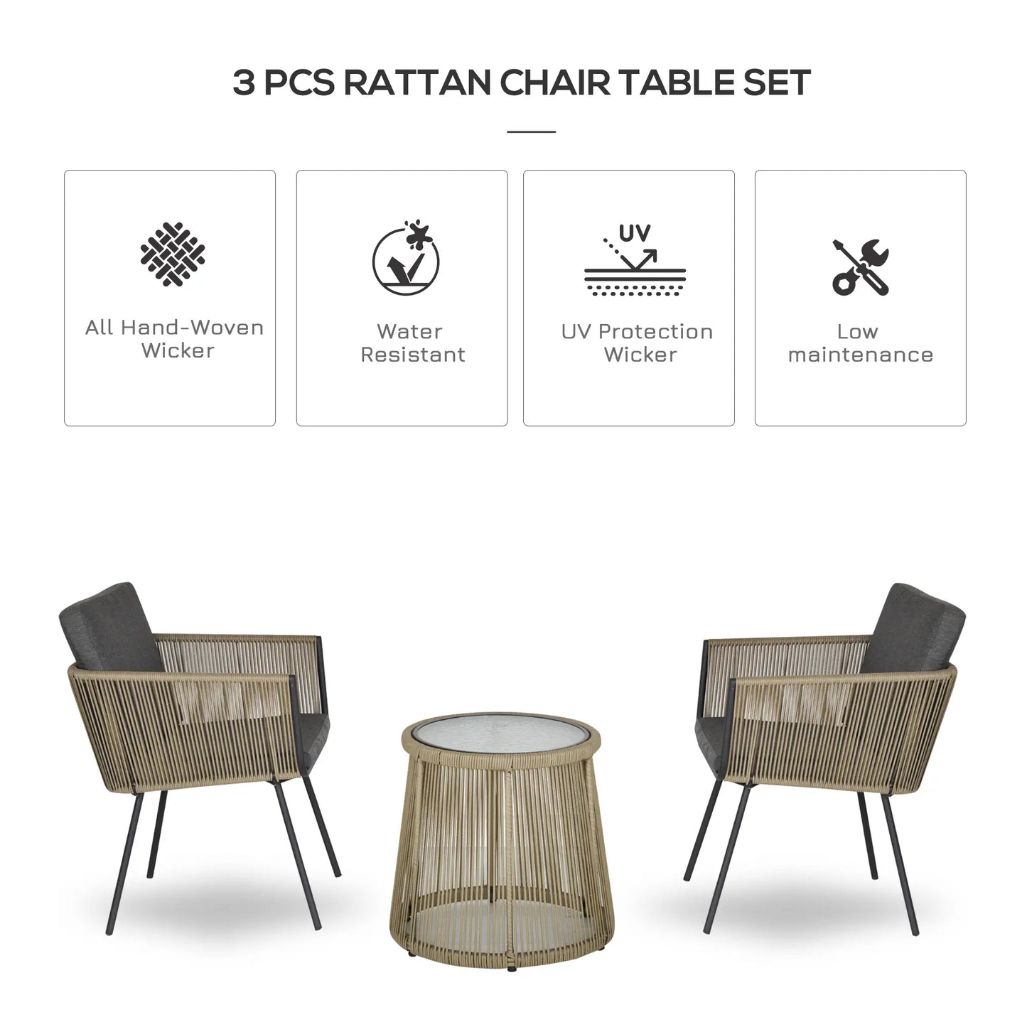 3 Piece Wicker Patio Set, Rattan Bistro with Coffee Table, Cushions, Grey Bistro Sets at Gallery Canada