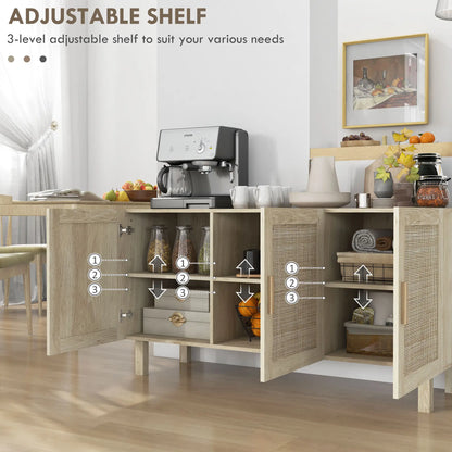 Boho Sideboard Buffet, 3 Rattan Doors, Adjustable Shelves, Natural Storage Cabinets at Gallery Canada