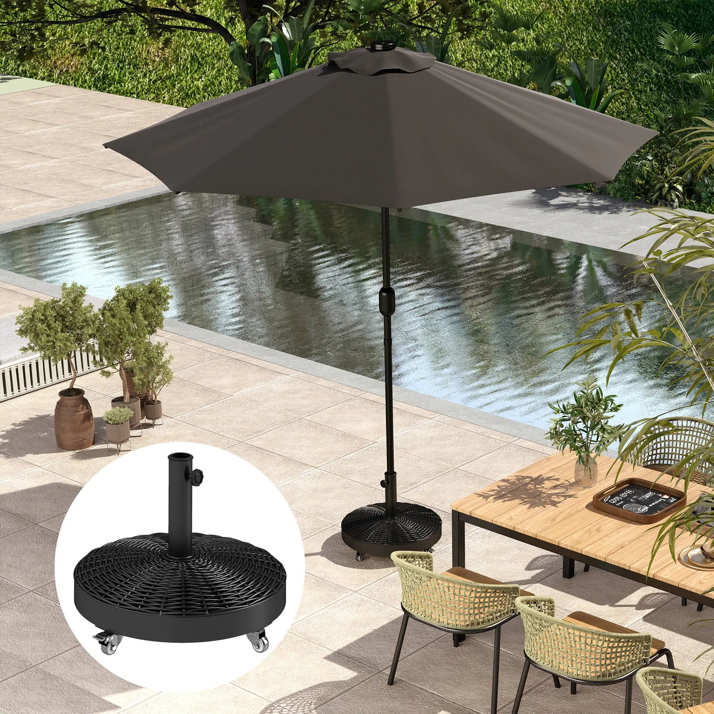 Round Umbrella Base With Wheels, Cement-Filled 55 Lbs, Black Umbrella Bases at Gallery Canada