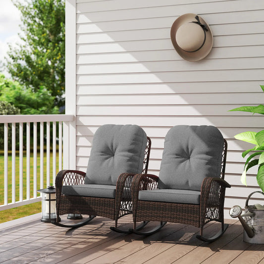 Outdoor Wicker Rattan Rocking Chair Set of 2, Patio Rocker with Cushions, Grey Outdoor Rocking Chairs Mixed Brown Rattan, Grey Cushion at Gallery Canada