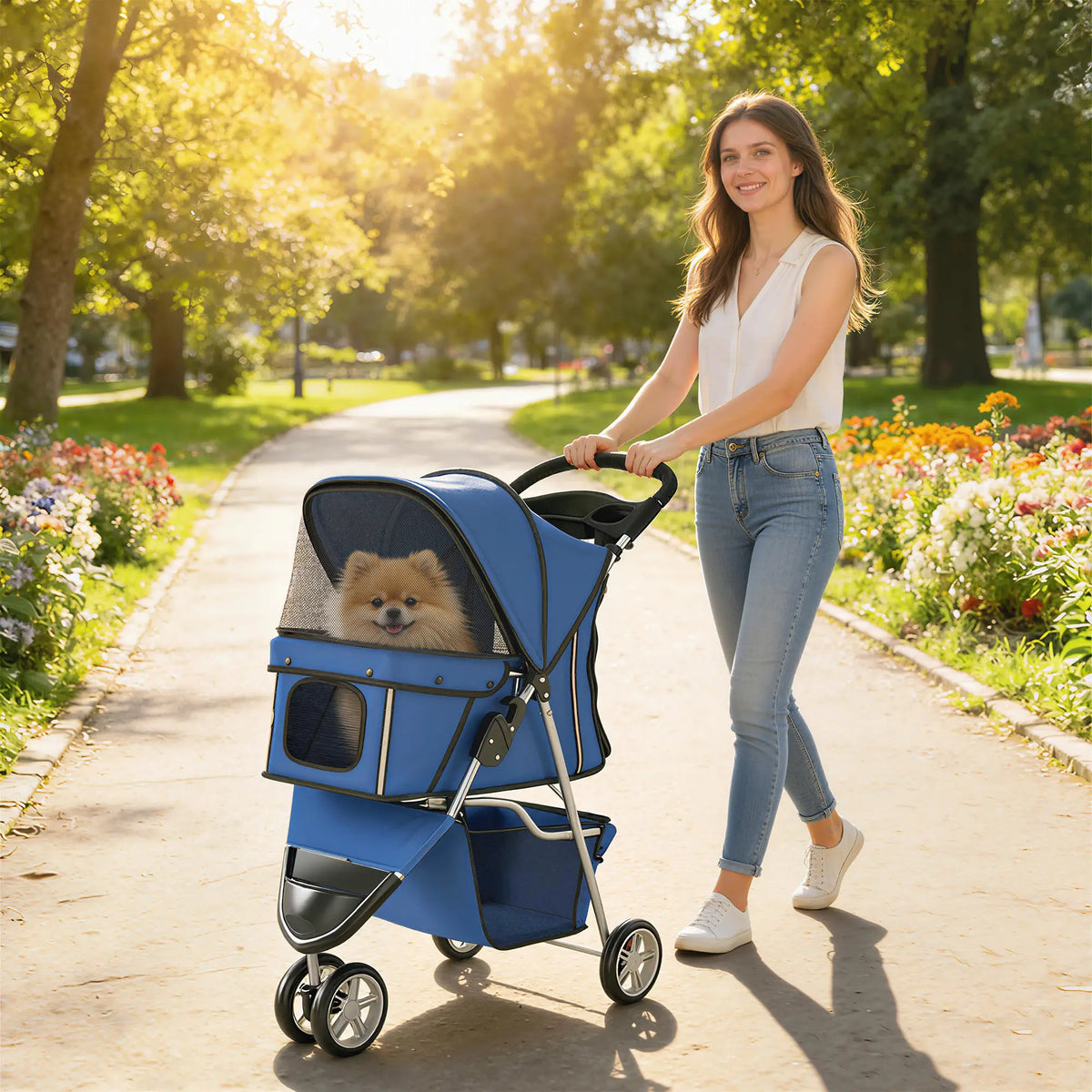 Foldable 3 Wheel Dog Stroller, Storage Basket, Adjustable Canopy, Blue Dog Bike Trailers & Strollers at Gallery Canada