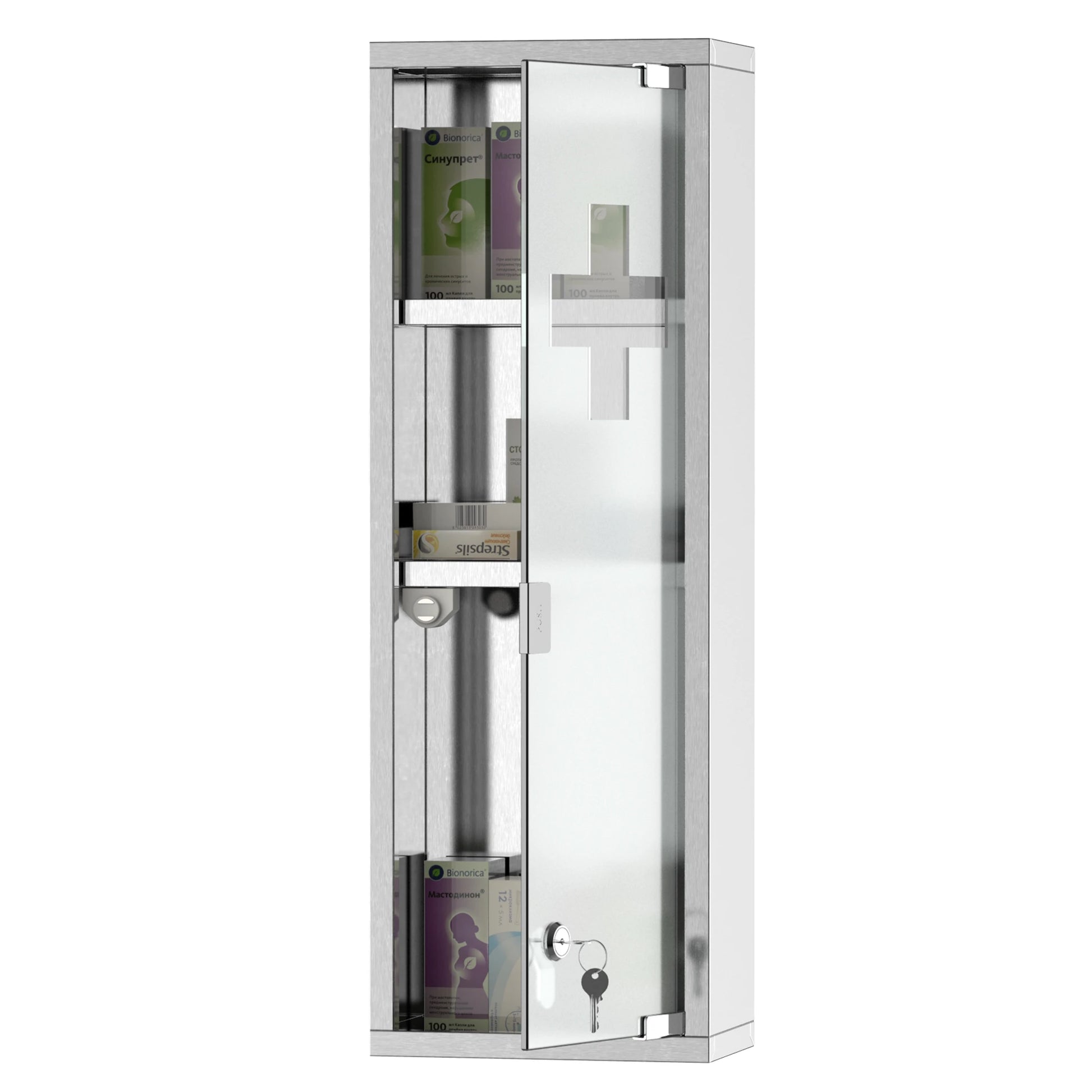 Wall Mount Medicine Cabinet, 3 Tier Shelves, Stainless Steel Frame, Glass Door, Lockable, 8" x 23", Silver Mirror Medicine Cabinets at Gallery Canada