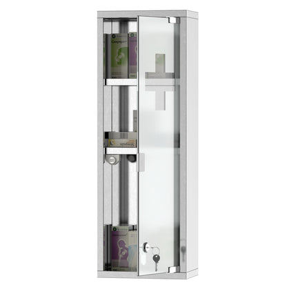 Wall Mount Medicine Cabinet, 3 Tier Shelves, Stainless Steel Frame, Glass Door, Lockable, 8" x 23", Silver Mirror Medicine Cabinets at Gallery Canada