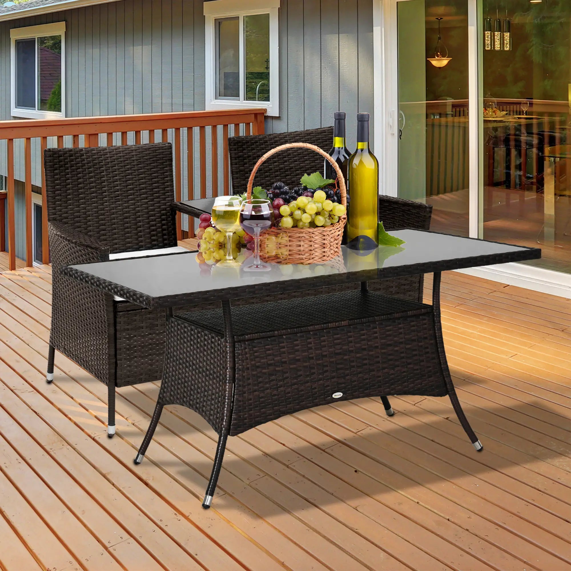 Rattan Dining Table with Glass Top, Storage Shelf, 59