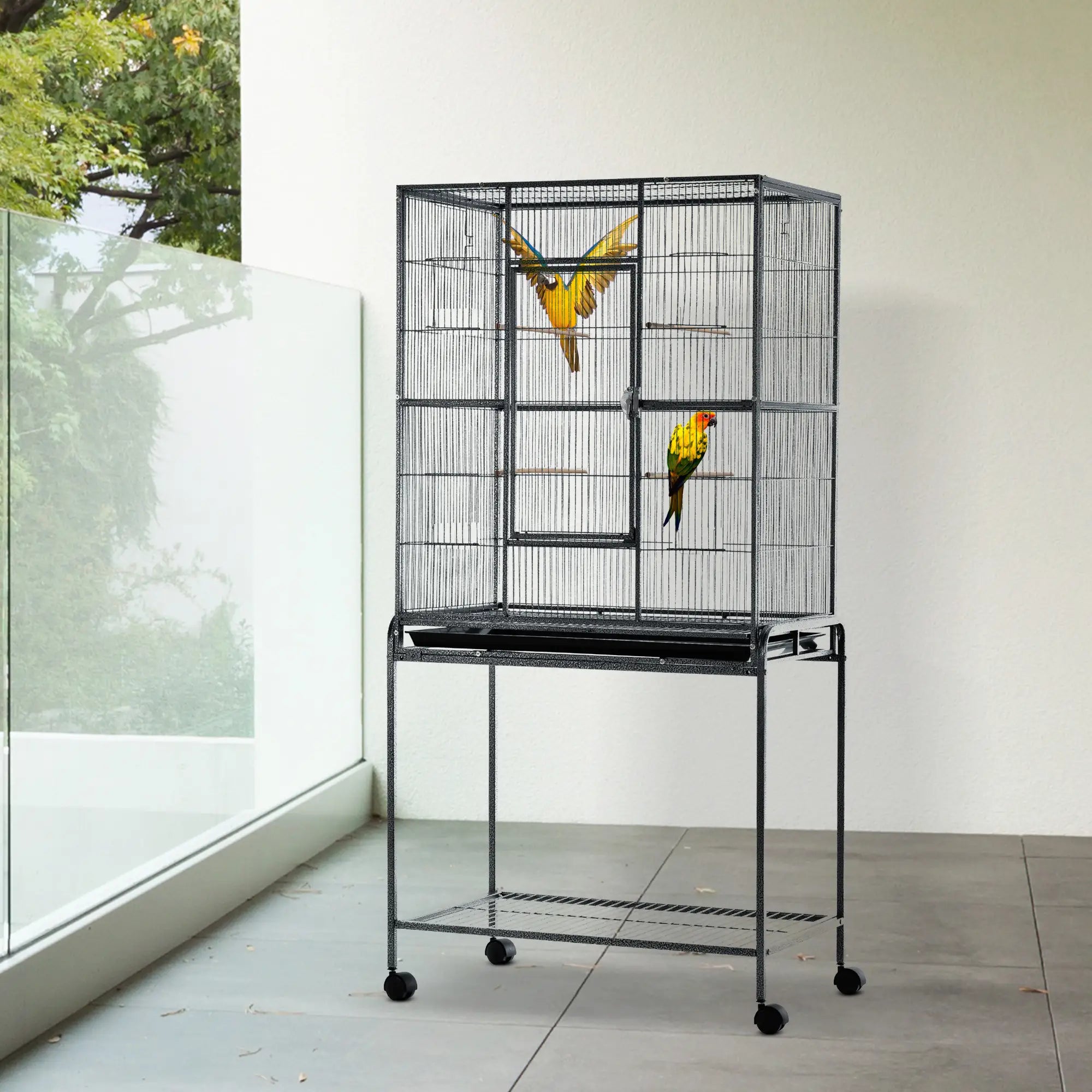 30'' Large Rolling Metal Bird Cage, Detachable Stand, Storage Shelf, Black Bird Cages at Gallery Canada