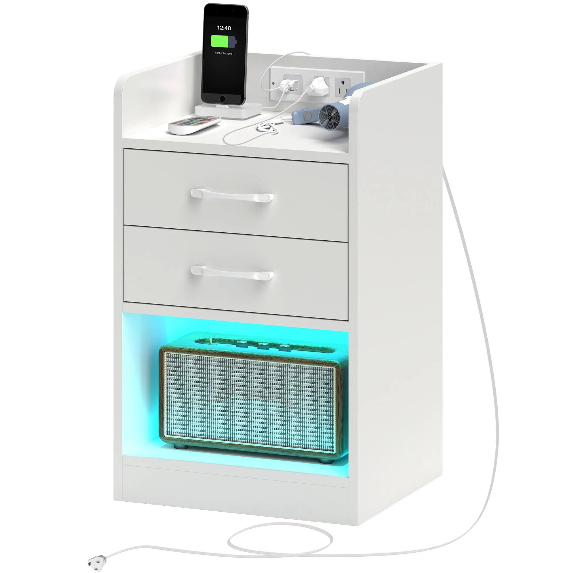 Tall Nightstand with Charging Station and LED Lights, Small Bedside Table with AC Outlets, USB Ports, 2 Drawers, Shelf Bedside Tables White at Gallery Canada