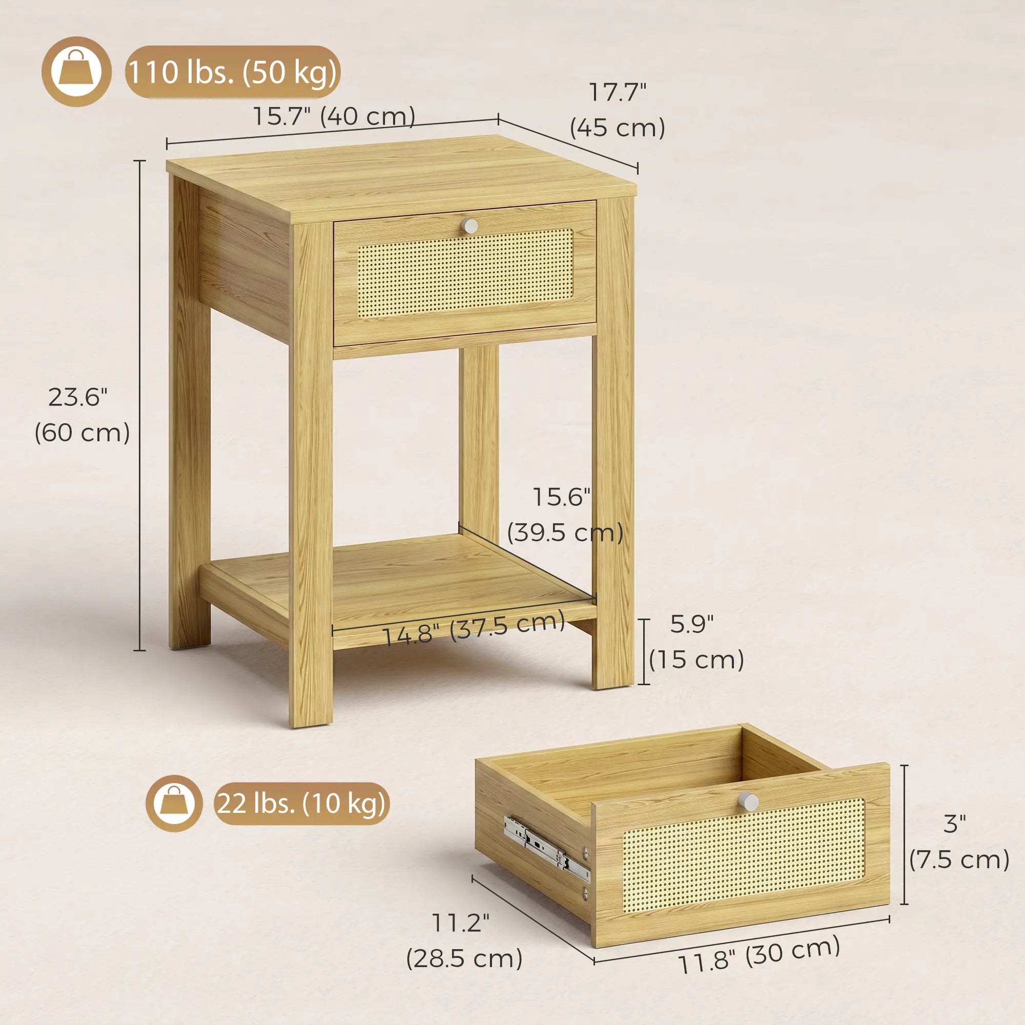 Nightstand Set of 2 With Drawer & Shelf, Natural Wood, Natural Wood Side Tables at Gallery Canada
