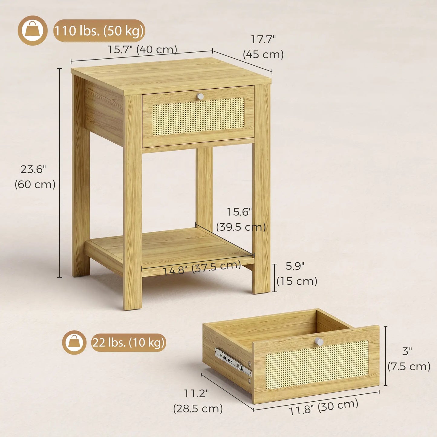 Nightstand Set of 2 With Drawer & Shelf, Natural Wood, Natural Wood Side Tables at Gallery Canada