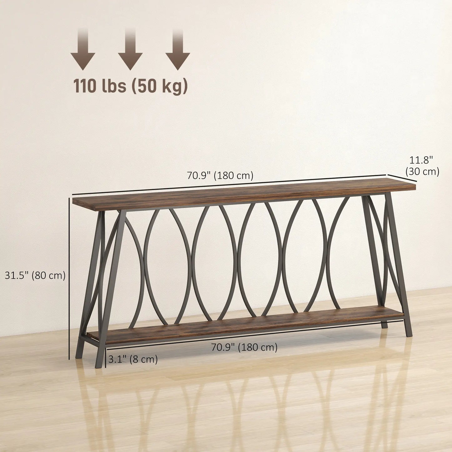 71" Console Table, Industrial 2-Tier Narrow Entryway Table, Rustic Brown, Brown Console Tables at Gallery Canada