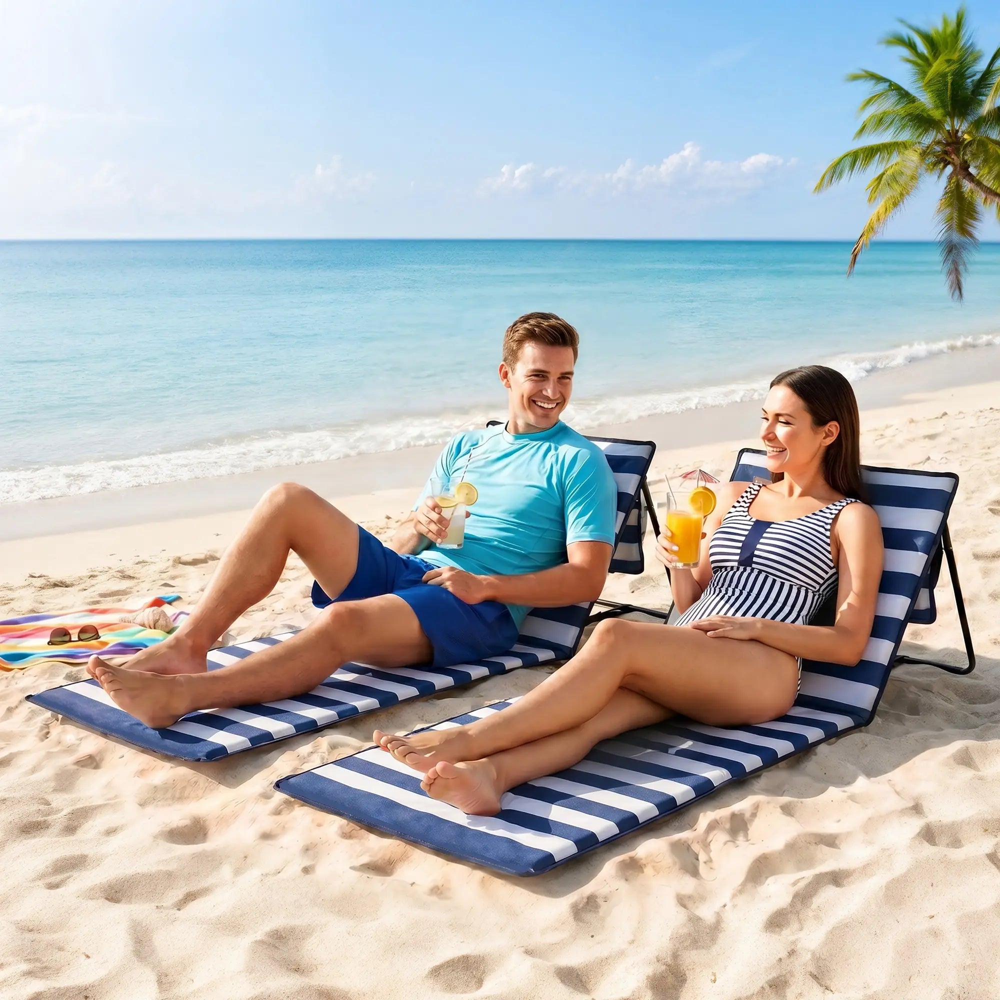 Foldable Lounge Chairs Set, Adjustable Backrest, Blue White Beach Accessories at Gallery Canada