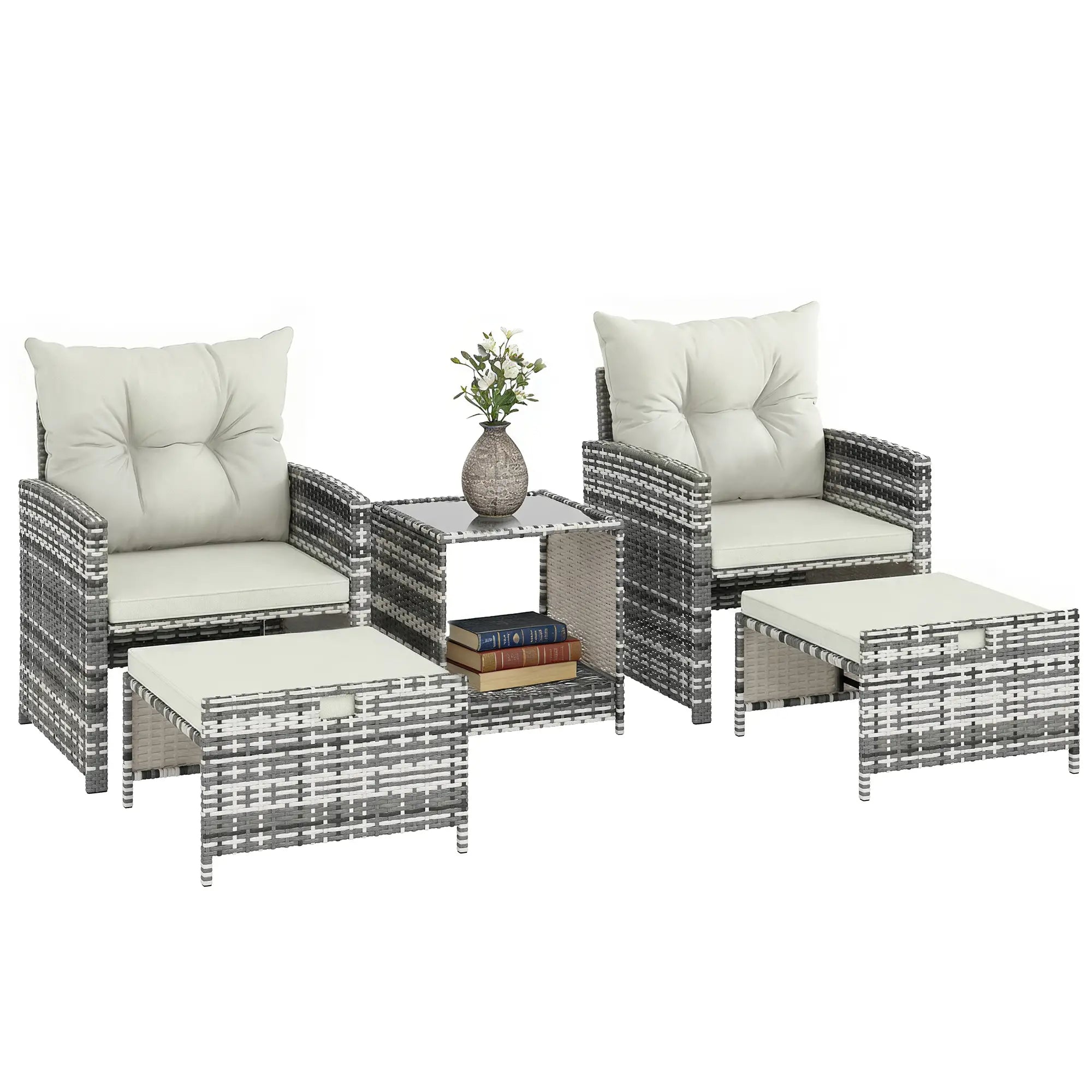 5 Piece Patio Furniture Set, Wicker Chairs With Ottomans, 2-Tier Glass Coffee Table, Grey/Cream White Patio Furniture Sets at Gallery Canada