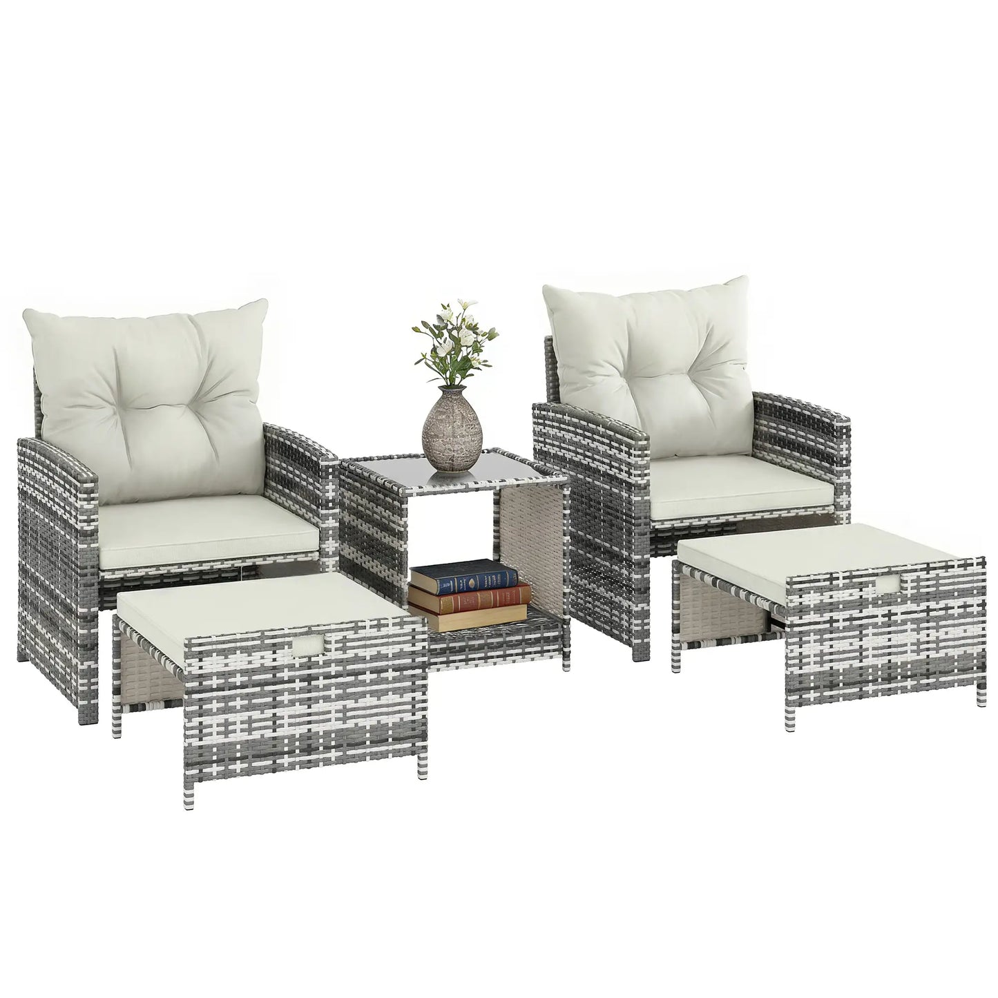5 Piece Patio Furniture Set, Wicker Chairs With Ottomans, 2-Tier Glass Coffee Table, Grey/Cream White Patio Furniture Sets at Gallery Canada