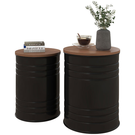Round Side Table Set of 2, Nesting Coffee Tables with Wooden Lid, Metal Frame and Hidden Storage Space for Bedroom - Gallery Canada