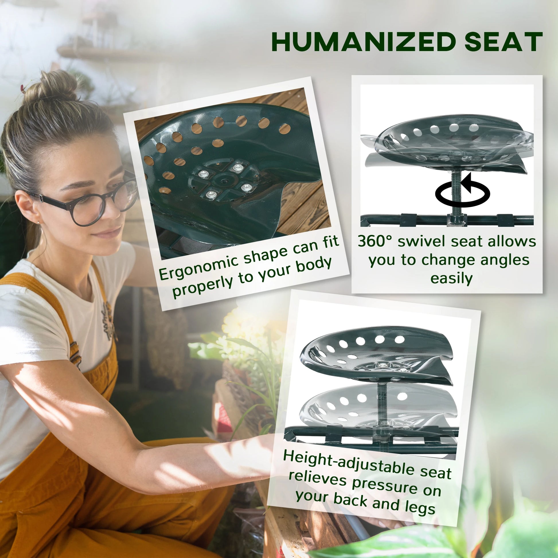 Garden Cart with 360° Swivel Seat, Tool Tray, Adjustable Height Garden Accessories at Gallery Canada