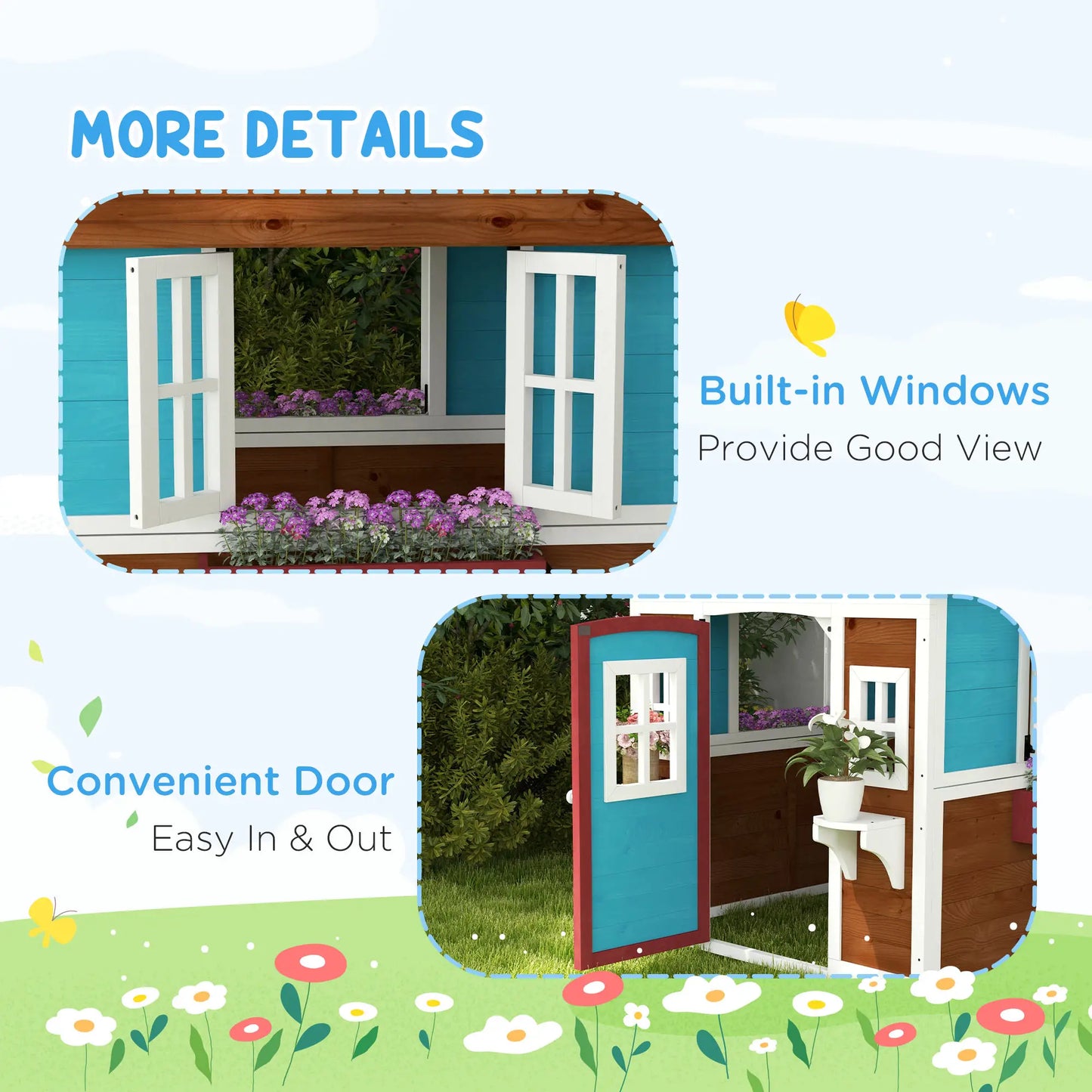 Wooden Playhouse for Kids Outdoor with Door, Windows, Planter Pots and Boxes for Toddlers 3-8 Years, Beige Play Houses at Gallery Canada
