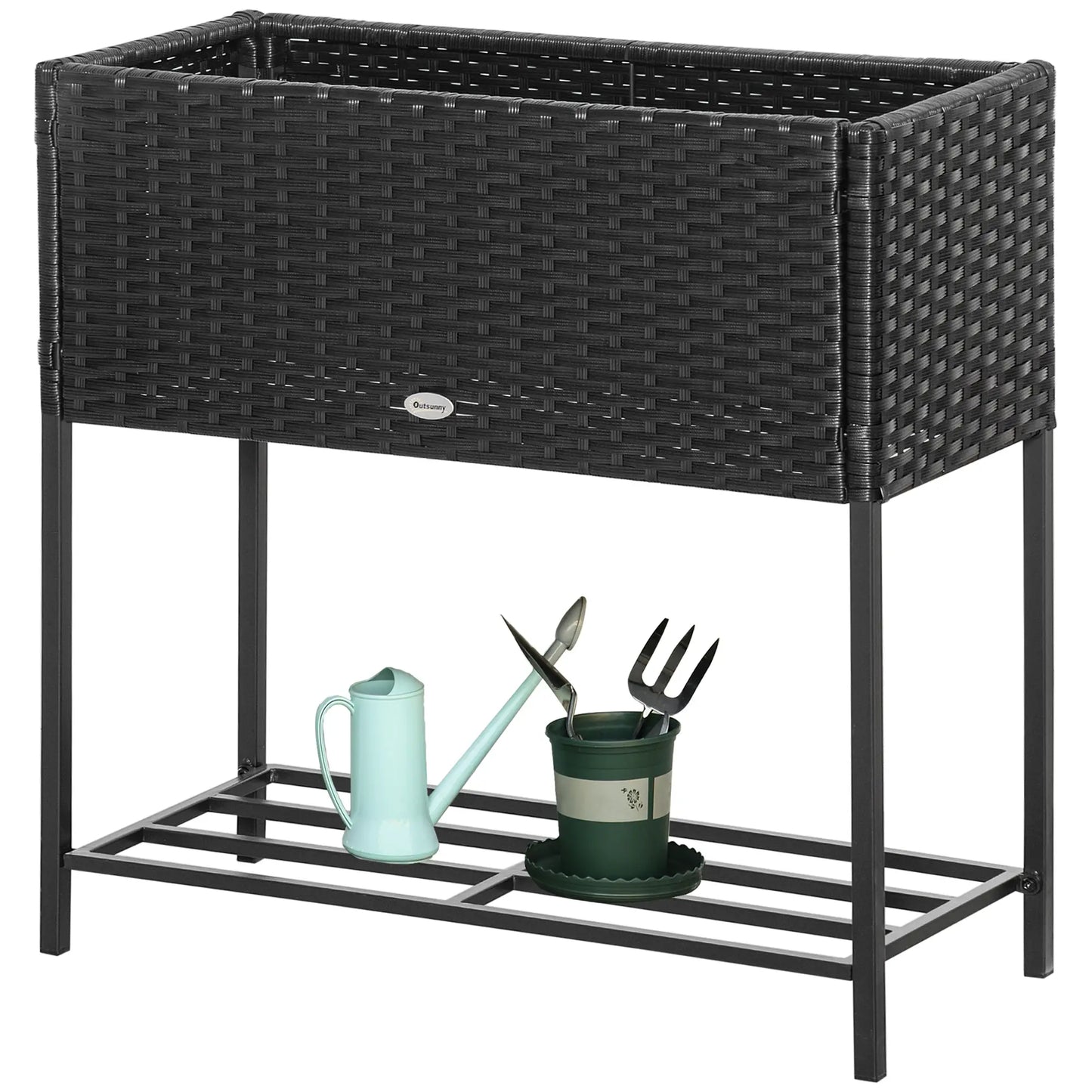 Rattan Raised Garden Box, Elevated Flower Bed with Storage, Black Plant Stands Black at Gallery Canada
