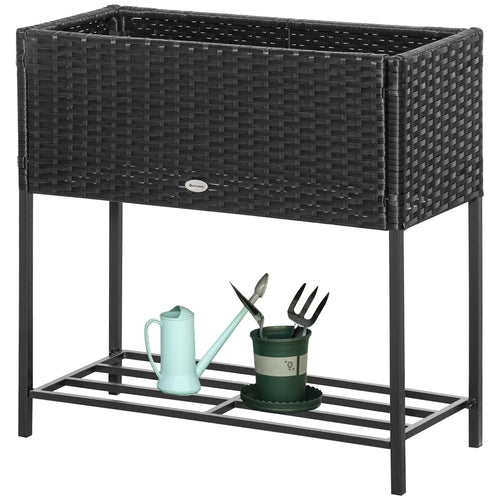 Rattan Raised Garden Box, Elevated Flower Bed with Storage, Black